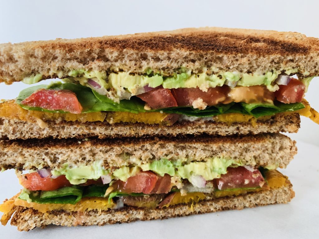 The SPLAT sandwich made up of sweet potatoes, lettuce, avocado and tomato on toasted bread.