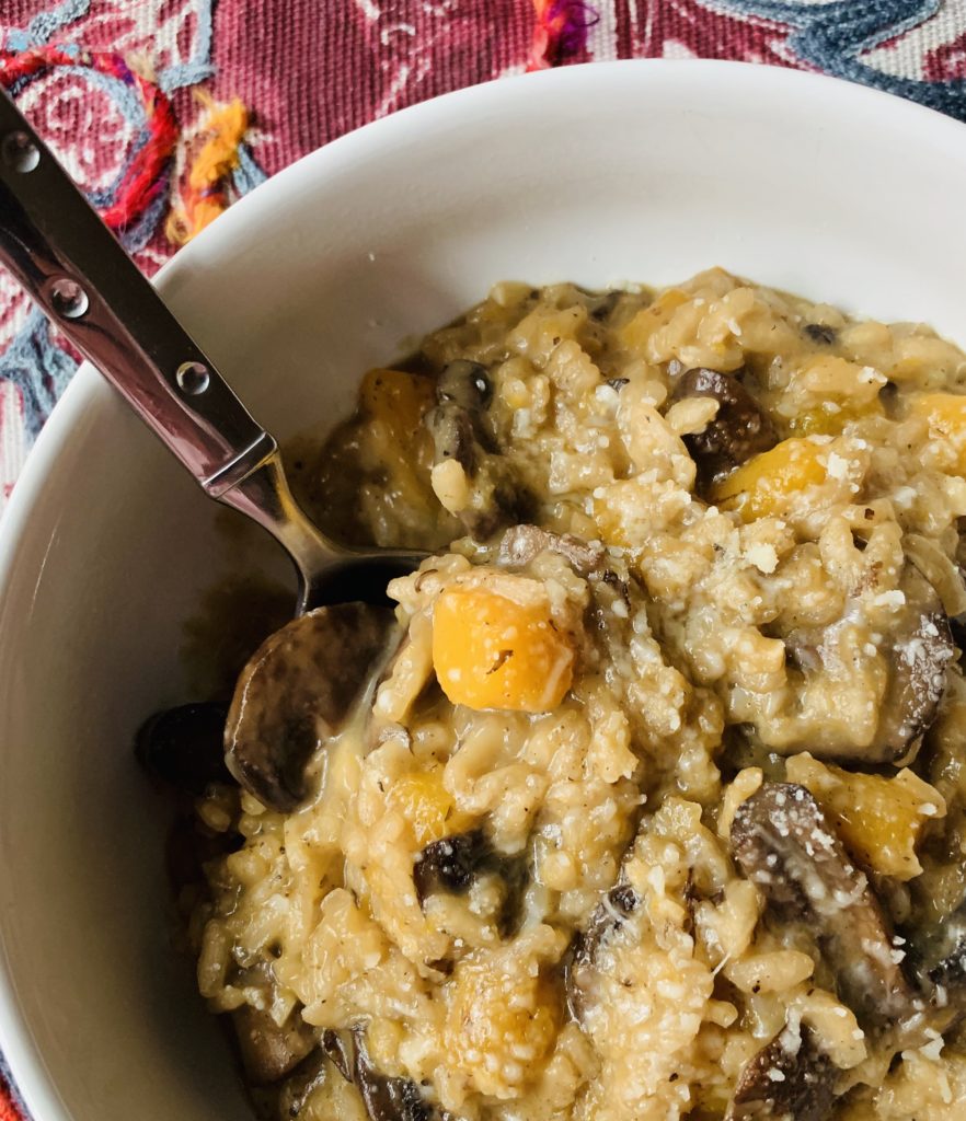 A creamy risotto featuring mushrooms, butternut squash and goat cheese.
